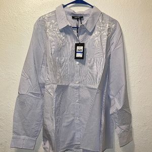 Dkny Women's Striped Embroidered Button-Down Top, Blue